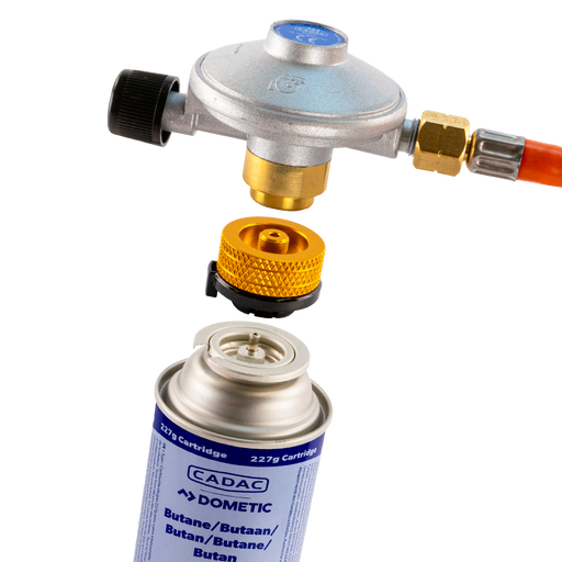 Cadac Bayonet Cartridge Adaptor  feature image showing the adaptor between bottle and regulator 