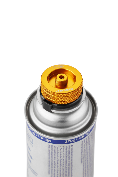 Cadac Bayonet Cartridge Adaptor feature image showing the adaptor on top of 227g uno cartridge