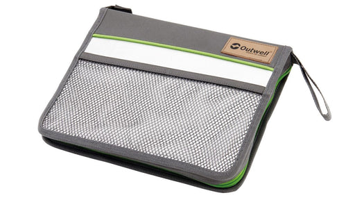 Outwell Picnic Cutlery Set - Lightweight Camping Picnic Cheese & Wine Cutlery Set the closed carry case with mesh exterior pocket and little carry handly. grey with green zip and green line under outwell logo on top right side near carry handle