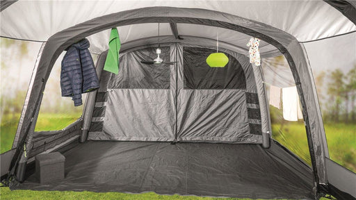 Outwell Tent Camping HookTrack Hook - 10 hooks for HookTrack System lifestyle image showing interior of then with hooks hanging clothing, fan and a light