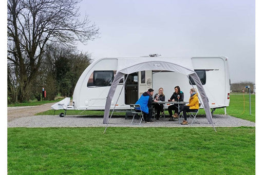 Vango AirBeam Sky Canopy for Caravan & Campervans 3.5 Metres shown attached to caravan