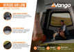 Vango Versos Air Inflatable Cloud Grey Drive Away Awning - Low infographic of internal features. Zipped privacy curtains, easy access doors and sewn-in groundsheet